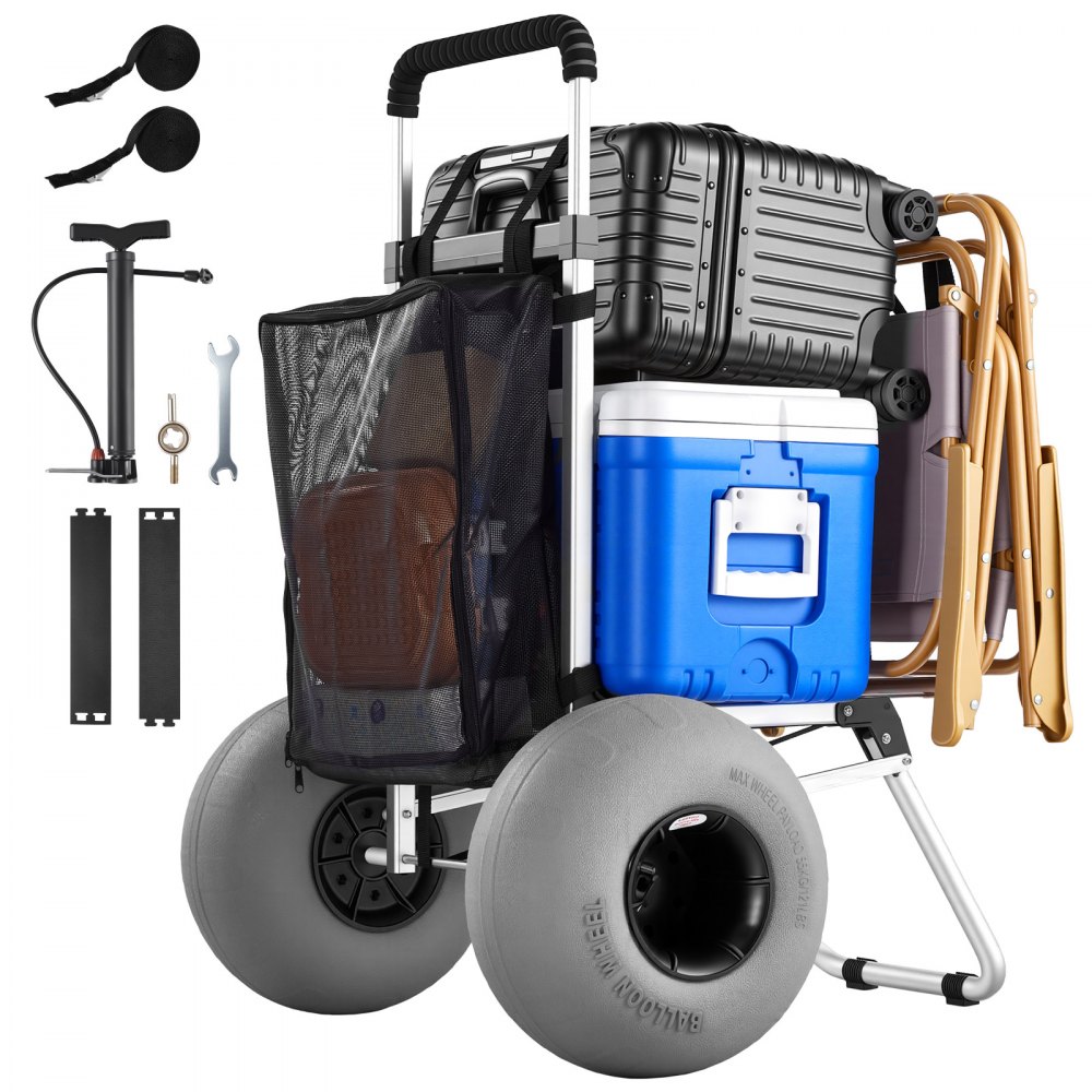 VEVOR paplūdimio vežimėlis 75 kg, 320 mm balioniniai ratai, didesnė platforma